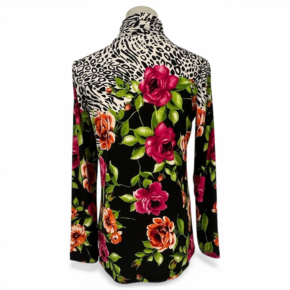 Susan Graver Liquid Knit Turtleneck Top XXS Colorful Animal Floral Print Black - Picture 4 of 10